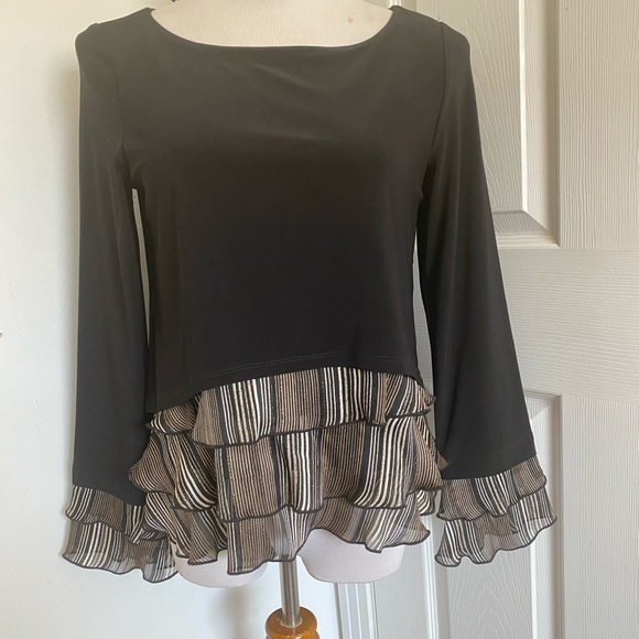 Joseph Ribkoff Black/Gold Ruffle Trim Top - Picture 3 of 10